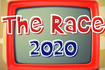 image of a red television set with the words The Race 2020  in red, white, and blue letters, across the top