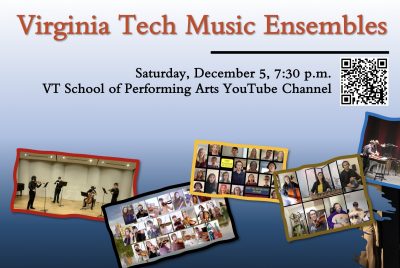 Various photos of Virginia Tech music ensemble students on a blue background.