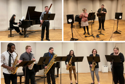 A collage of three photos: six saxophone players, a pianist and a bassoonist; and a flutist and saxophonist