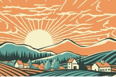 An infographic print of a sunrise over a mountainous, rural community. 