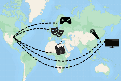 A map connecting the United States to other parts of the world, with icons depicting a range of artistic products: video games, theatre, film, music, and television. 