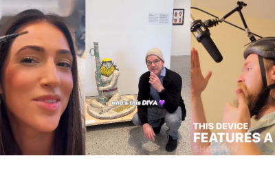 From left to right, screengrabs of social media content from Amber Ardolino, The Moss Arts Center, and Josh McCammon that show a girl with brown hair filling in her eyebrows, a man in a beanie and gray jeans kneeling by a short statue, and a man wearing a bike helmet with a shotgun microphone attached respectively.