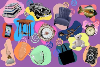 Various objets: books, clock, table, cup, oil lantern, smart phone, old camera, alarm clock, fish, arm chair, old car, tot bag, vase