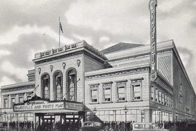 A 1928 black and white drawing of the facade of the historic Orpheum Theatre in Memphis