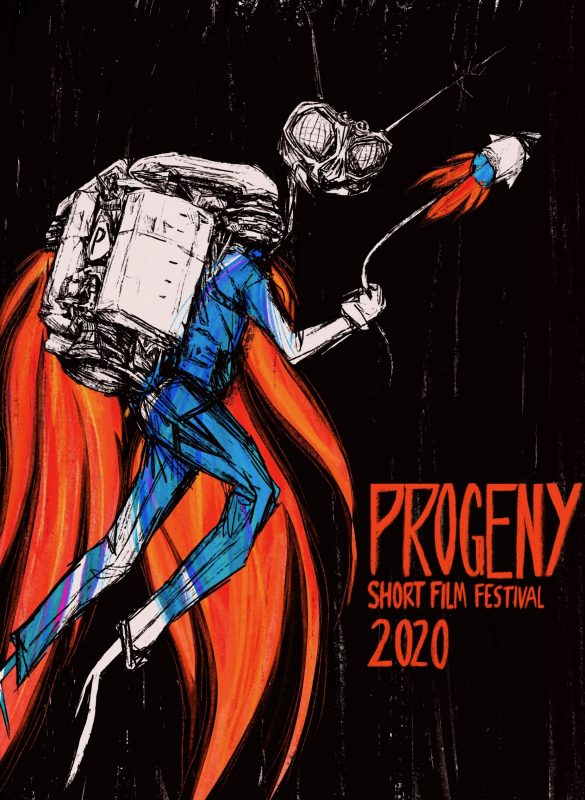 Red, blue, white, and black poster for Progeny Film Festival with a space man and alien