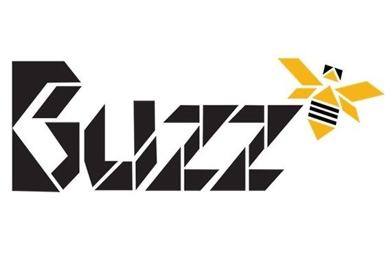 The word 'buzz' in black letters with an image of a yellow and black bee