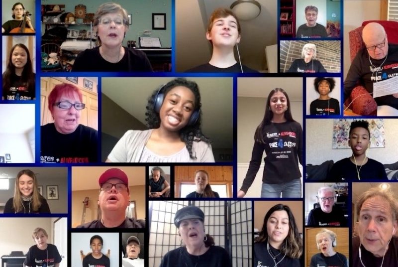 A photo collage of 24 singers of various ages singing on Zoom