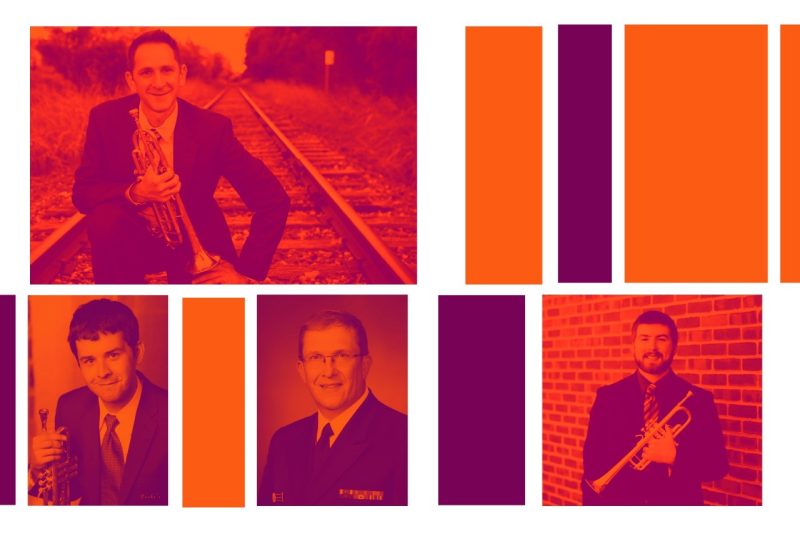 PHotos of three trumpet players with orange and maroon color overlay