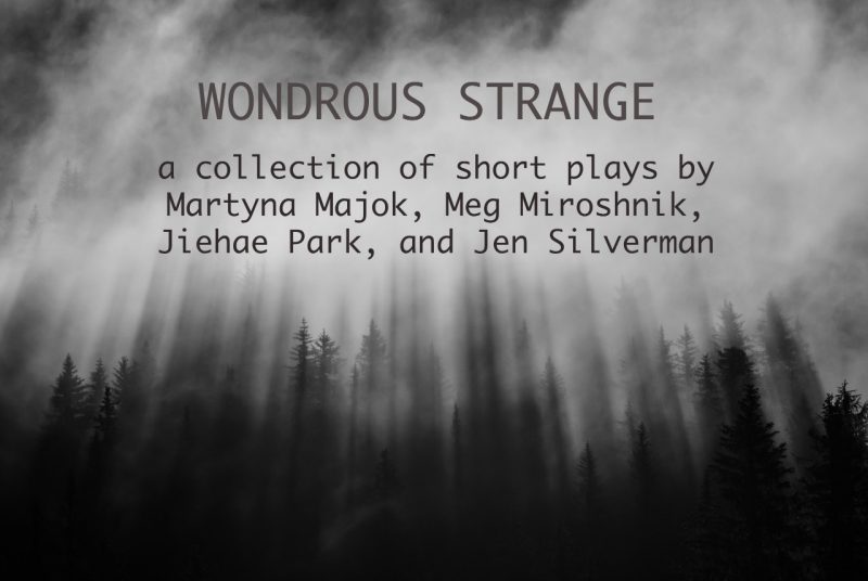 black and white photo of trees in mist or fog, with the words 'WONDROUS STRANGE a collection of short plays by artyna Majok, Meg Miroshnik, Jiehae Park, and Jen Silverman'