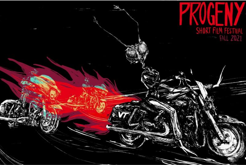 An image of an alien riding a motorcycle, with two other motorcycles behind it, with the words 'Progeny Short Film Festival.'