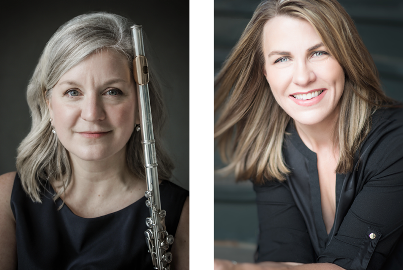 Headshots of Nicole Molumby (left) with flute and Andria Fennig (right), two women dressed in black with light colored hair.