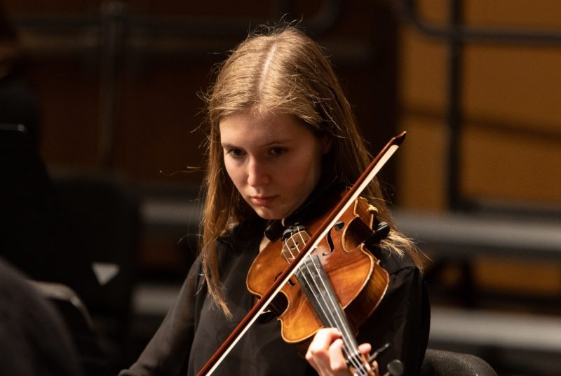 A student with long brown hair plays a violin