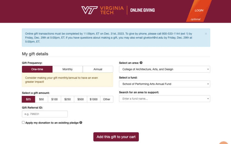 Screenshot of online giving form